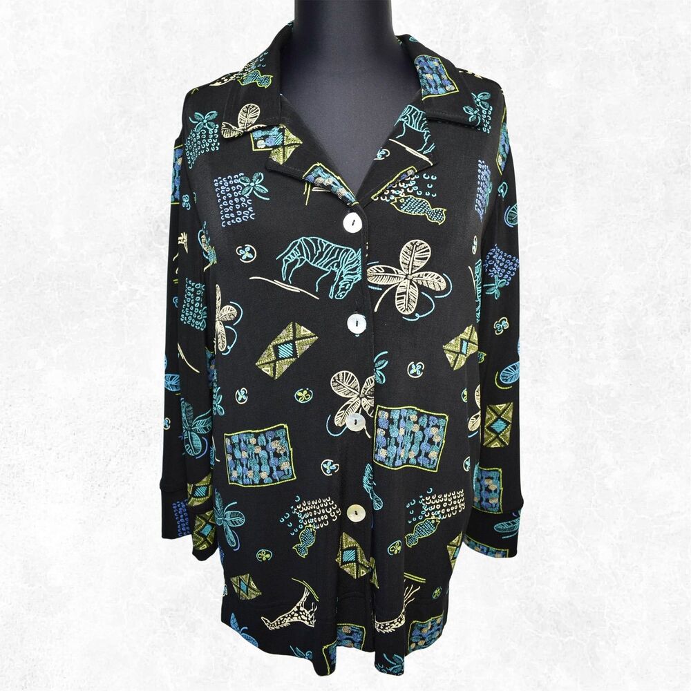 Black Safari Animal Print Knit Jacket Top Women's S Coldwater Creek Button Front